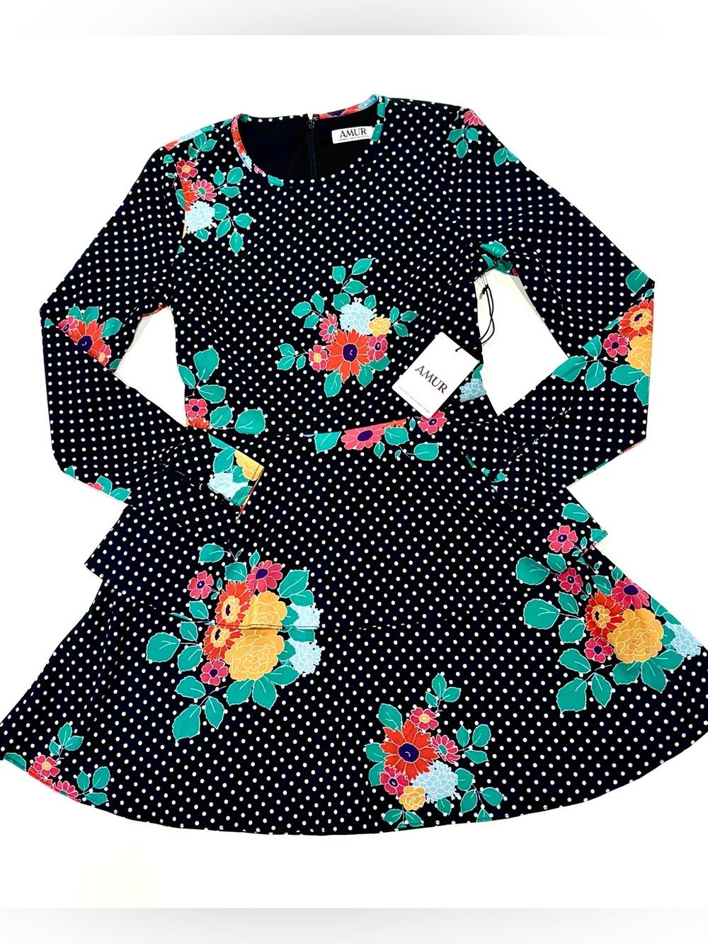 AMUR Black Polka Dot Floral Long-Sleeve Dress Orig. $448